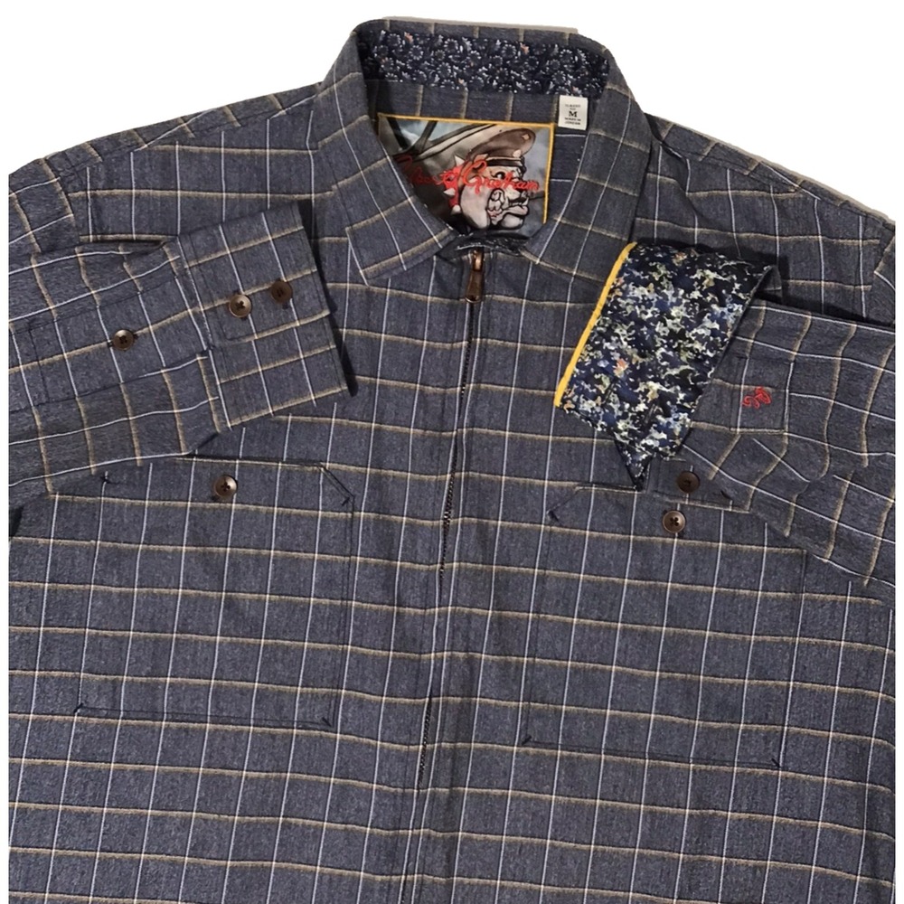 Robert Graham Zip Up Flip Cuff Shirt Mens M Classic Fit Blue Windowpane Check